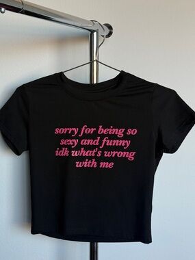Black Graphic Crop Tee with Pink Slogan
